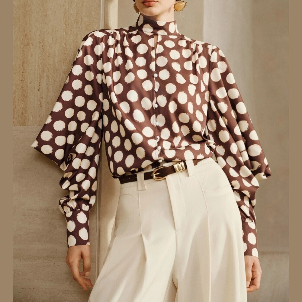 Brown Polka Dot High Stand Collar Button Front Blouse with Balloon Sleeves